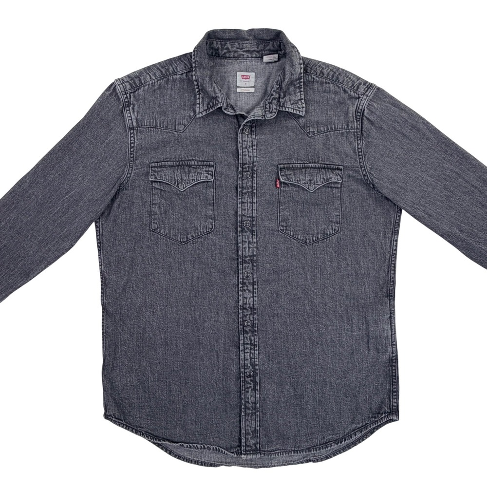 Levi's Western Barstow Shirt Men Medium Black Pearl Snaps Standard Fit Denim‎ - Picture 3 of 10